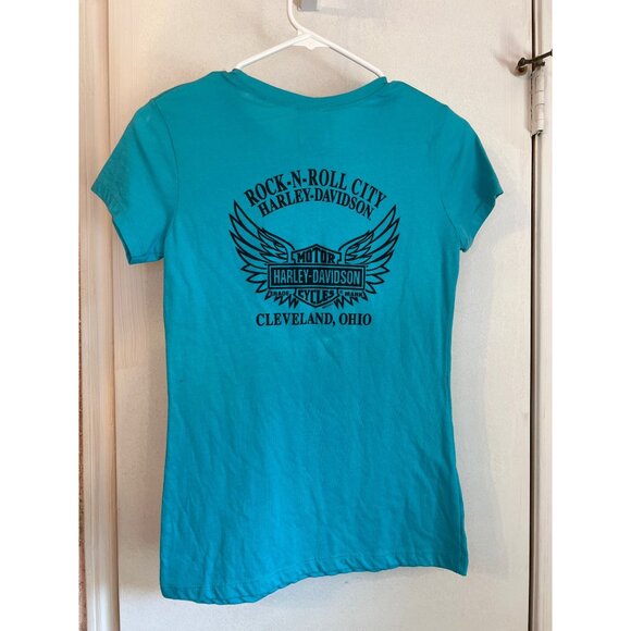 Harley-Davidson Womens Turquoise Rock-N-Roll City Cleveland Ohio Graphic Tee M 1 - Picture 4 of 5